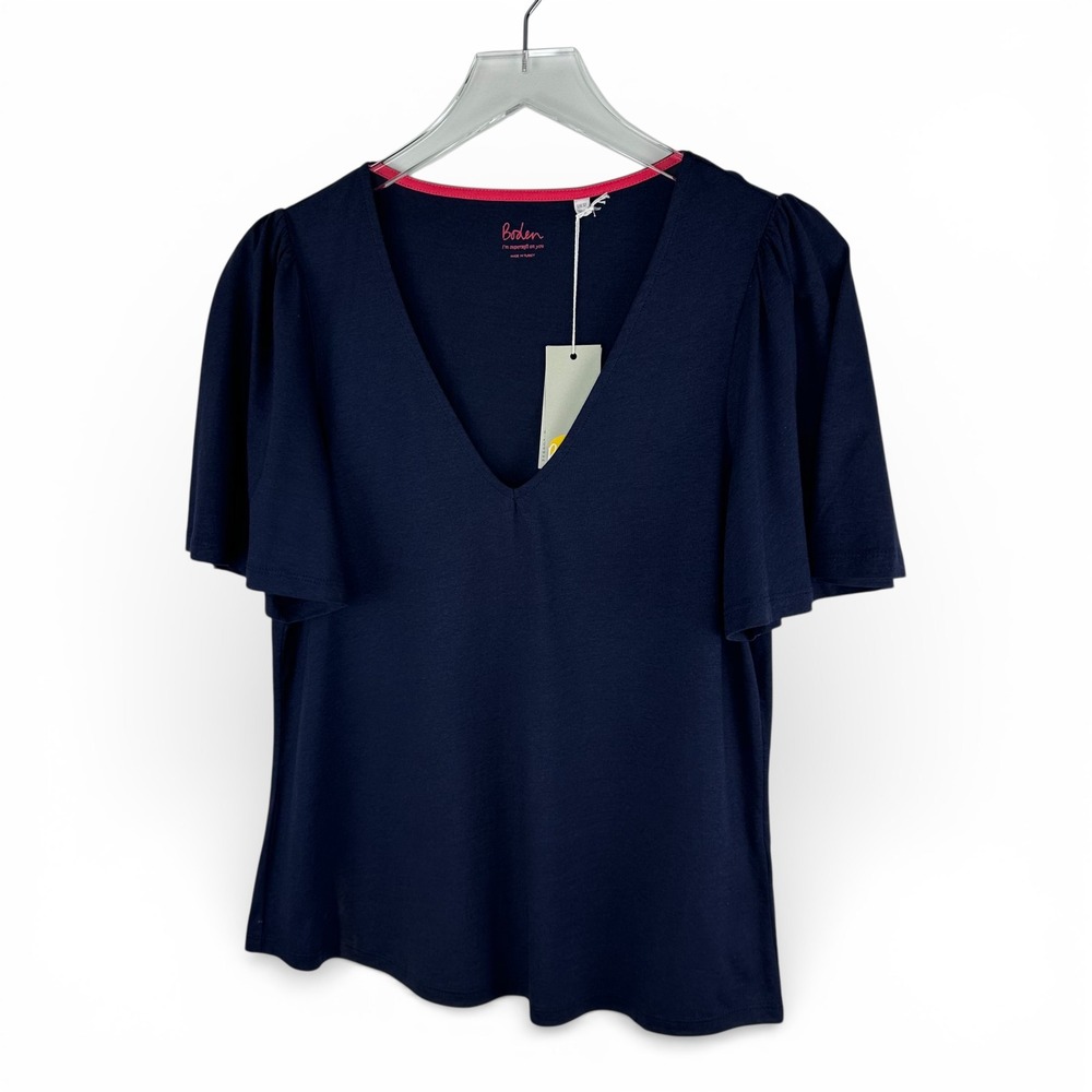 Boden Navy Blue Super‎ Soft V Neck Flutter Sleeve T Shirt Top Womens US 8 UK 12